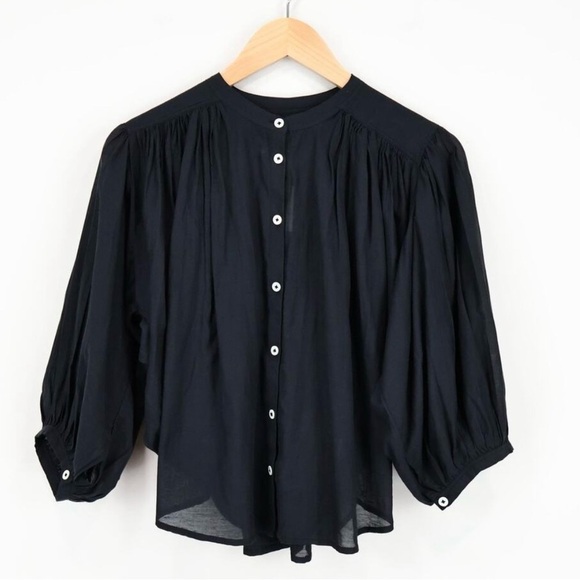 Madewell Shirred Crewneck Balloon Sleeve Button Up Peasant Blouse in Black, XXS - Picture 8 of 14